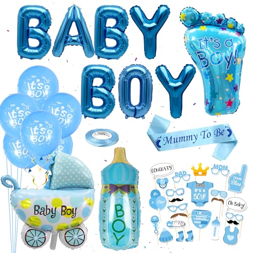 Baby Party Dekoration Junge Blau - 46 Stück Baby Shower Deko, Baby Shower Banner Folienballons, Fußfolienballons, Babyflasche, Mummy to Be Sash, Photo Props für Boy Gender Reveal Babyparty Deko von Runyuzi