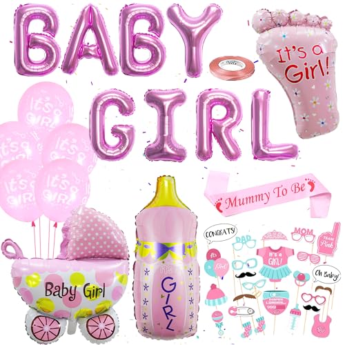 Baby Party Dekoration Mädchen Rosa - 47 Stück Baby Shower Deko, Baby Shower Banner Folienballons, Fußfolienballons, Babyflasche, Mummy to Be Sash, Photo Props für Girl Gender Reveal Babyparty Deko von Runyuzi