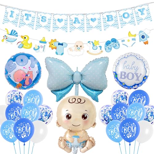 Babyparty Deko Junge Ballons Blau - 40 Stück Gender Reveal Party Dekoration Baby Shower Party Luftballons, It's A Boy Girlande Banner Baby Boy Neugeborene Folienballon für Taufe Babyshowerparty von Runyuzi