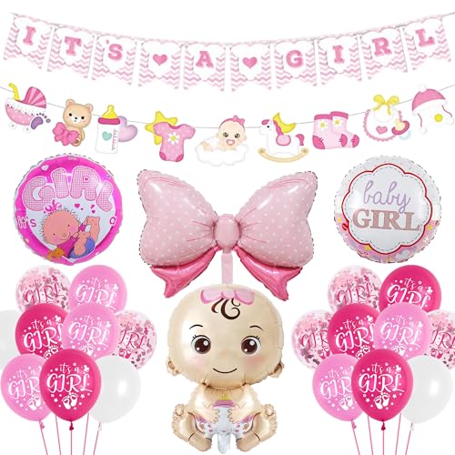 Babyparty Deko Mädchen Ballons Rosa - 41 Stück Gender Reveal Party Dekoration Baby Shower Party Luftballons, It's A Girl Girlande Banner Neugeborene Folienballon für Taufe Babyshowerparty von Runyuzi