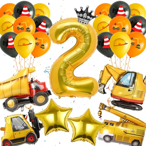 Bagger Ballon 2.Geburtstag Deko - 26 Stück Baustelle Geburtstag Ballon, Zahlen 2 Ballon, Bagger Ballon, Kran Ballon, Baustellen Thema Party Geburtstag Deko, Bagger Geburtstag Deko für 2 Jahre Junge von Runyuzi