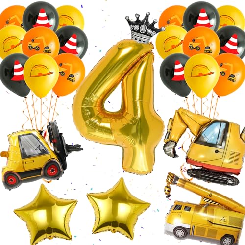 Bagger Ballon 4.Geburtstag Deko - 26 Stück Baustelle Geburtstag Ballon, Zahlen 4 Ballon, Bagger Ballon, Kran Ballon, Baustellen Thema Party Geburtstag Deko, Bagger Geburtstag Deko für 4 Jahre Junge von Runyuzi