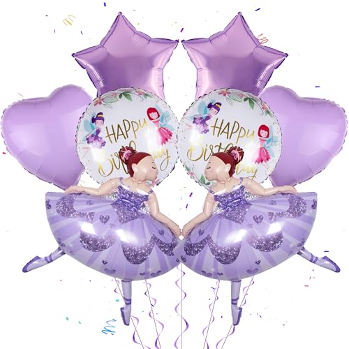 Ballerina Geburtstag Deko Ballon Mädchen – 8 Stück Lila Ballerina Folienballon, herzförmige und Stern Folienballons, Ballett Prinzessin Ballons für Mädchen Geburtstag Deko Baby Shower Party Deko von Runyuzi