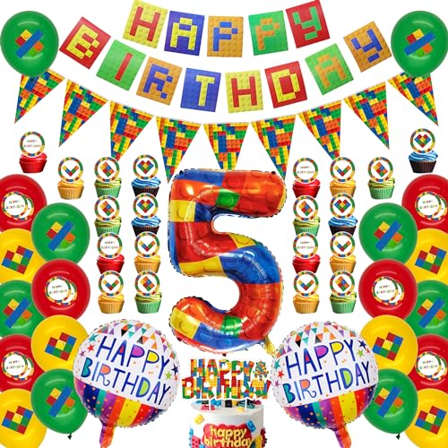 Bausteine Thema Geburtstag Party Deko - 5. Geburtstag Baustein Party Deko, Happy Birthday Banner, Zahl 5 Folienballon, Dreieck Flagge, Bausteine Kuchen Topper für Kinder Jungen Mädchen 5. Geburtstag von Runyuzi