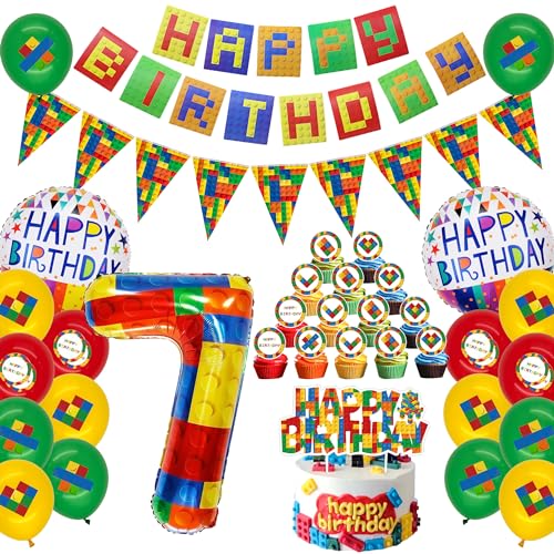 Bausteine Thema Geburtstag Party Deko - 7. Geburtstag Baustein Party Deko, Happy Birthday Banner, Zahl 7 Folienballon, Dreieck Flagge, Bausteine Kuchen Topper für Kinder Jungen Mädchen 7. Geburtstag von Runyuzi