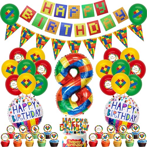 Bausteine Thema Geburtstag Party Deko - 8. Geburtstag Baustein Party Deko, Happy Birthday Banner, Zahl 8 Folienballon, Dreieck Flagge, Bausteine Kuchen Topper für Kinder Jungen Mädchen 8. Geburtstag von Runyuzi