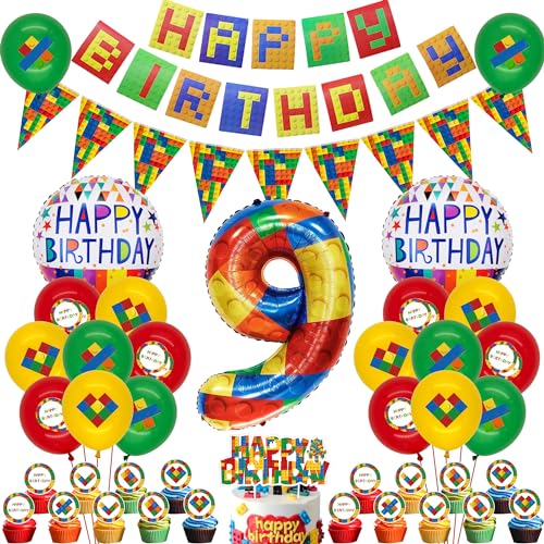 Bausteine Thema Geburtstag Party Deko - 9. Geburtstag Baustein Party Deko, Happy Birthday Banner, Zahl 9 Folienballon, Dreieck Flagge, Bausteine Kuchen Topper für Kinder Jungen Mädchen 9. Geburtstag von Runyuzi