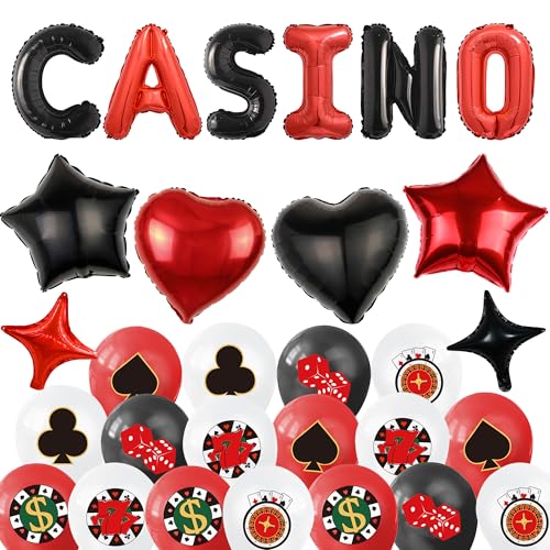 Casino Poker Party Ballons Deko - 30 Stücke Spielkarten und Würfel Luftballons Schwarz Rot Weiß, Casino Night Banner Girland Dekoration für Geburtstag Themenparty von Runyuzi