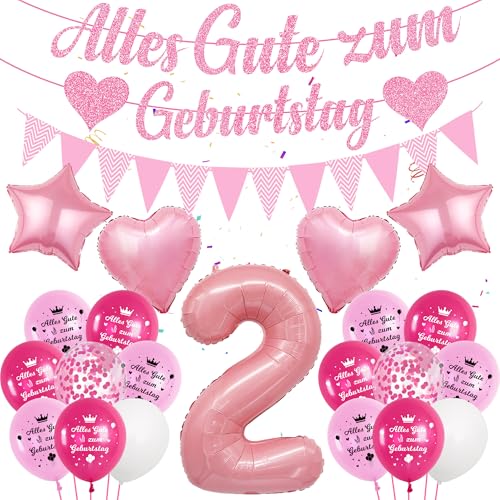 Deko Luftballon 2. Geburtstag Mädchen - Rosa 2 Geburtstag Deko, Alles Gute zum Geburtstag Banner, Zahl Ballon 2, Konfetti Luftballons, Partydeko für Mädchen zum 2 von Runyuzi