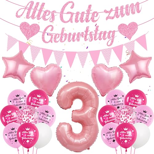 Deko Luftballon 3. Geburtstag Mädchen - Rosa 3 Geburtstag Deko, Alles Gute zum Geburtstag Banner, Zahl Ballon 3, Konfetti Luftballons, Partydeko für Mädchen zum 3 von Runyuzi