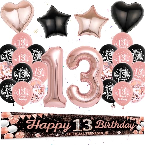 13. Geburtstag Rosegold Dekoration Mädchen - 31 Stück Offizielle Teenager Geburtstagsdeko Folienballons Zahl 13 Happy Birthday Banner Hintergrund Herz Ballons für Frauen 13 Jahr Party Deko Luftballons von Runyuzi