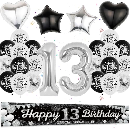 Junge 13. Geburtstagsdeko Schwarz Silber - 31 Stück Offizielle Teenager Dekoration Folienballons Zahl 13 Happy Birthday Banner Hintergrund Herz Ballons für 13 jahre Mädchen Party Deko Luftballons von Runyuzi