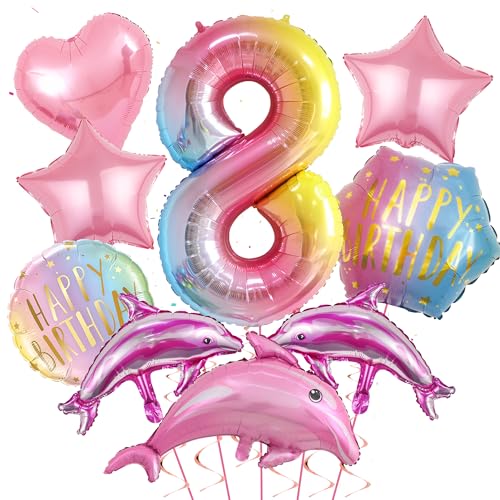 Delfin Luftballons 8.Geburtstag Dekorationens - Große Rosa Meerestier Dolphin Folienballons, Heliumballons Tiere Delfine Zahl 8 Ballon Happy Birthday Ballon für Unterwasserwelt Kinder Mädchen von Runyuzi