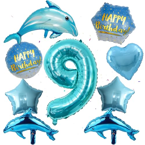 Delfin Luftballons 9.Geburtstag Dekorationens - Große blaue Meerestier Dolphin Folienballons, Heliumballons Tiere Delfine Zahl 9 Ballon Happy Birthday Ballon für Unterwasserwelt Kinder Mädchen Jungen von Runyuzi