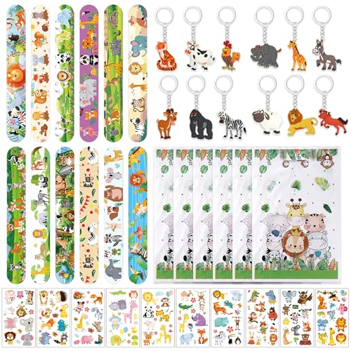 Dschungel Safari Mitgebsel Kindergeburtstag Geschenk, 56 Stück Kinder Geburtstag Tiere Partytüten Gastgeschenke Geschenktüten Aufkleber Schnapparmband Schlüsselanhänger Give Aways für Jungen Mädchen von Runyuzi