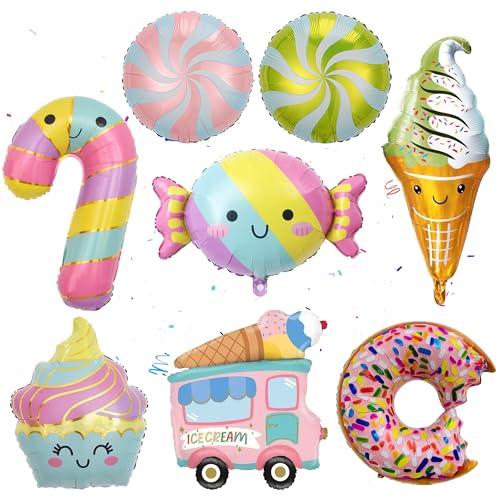 Eiscreme Donut Candy Folienballons Helium - 8 Stück Kinderparty Geburtstag Dekorationen Süßigkeiten Ballons Eisbecher Eiswagen Luftballons für Jungen Mädchen Sommer Ice Cream Party Dekoration Geschenk von Runyuzi