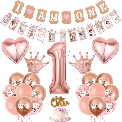 Roségold 1.Geburtstag Deko Mädchen - 42 Stück Geburtstagsdeko 1 Jahr, Baby Fotobanner, Roségold Nummer 1 Ballon, Kuchendekoration, Liebeskronen Folienballon für Mädchen Baby Shower Geburtstag Deko von Runyuzi