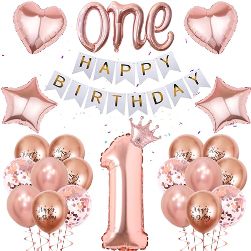 Roségold 1.Geburtstag Deko Mädchen - 36 Stück Geburtstagsdeko 1 Jahr, Happy Birthday Banner, Roségold Nummer 1 Ballon, Stern Krone Herzform Folienballons für Mädchen Baby Shower Party Geburtstag Deko von Runyuzi