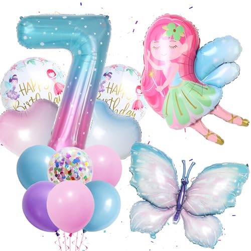 Fee Schmetterling 7. Geburtstag Deko - 15 Stück Kleine Fee Schmetterling Luftballons, XXL Schmetterling Folienballon, Rosa Blau Zahl 7 Luftballon, Süße Flügelfee Ballon für Mädchen Party 7. Geburtstag von Runyuzi