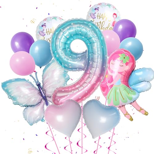 Fee Schmetterlinge Deko 9. Geburtstag - 13 Stück Luftballons Geburtstag 9 Jahre Mädchen Zahlen 9 Folienballon Schmetterling Luftballon Fee Folienballon Herzballons für 9. Geburtstag Mädchen Deko von Runyuzi