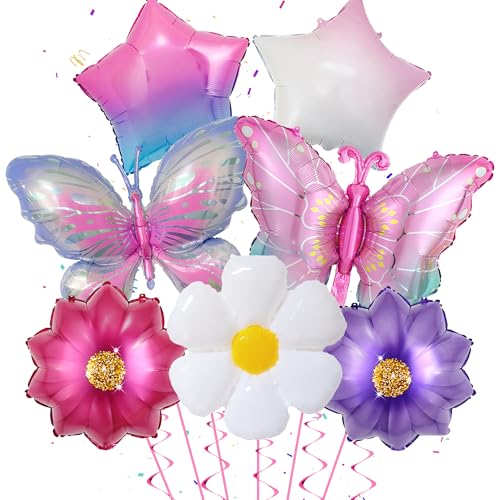 rosa Schmetterlingsthema Blumen Folienballon Deko - 7 Stück Schmetterling Geburtstag Deko Lila Schmetterling Ballon Stern Ballon Blumenballon für Mädchen Schmetterling-Party Kinder Geburtstag Deko von Runyuzi