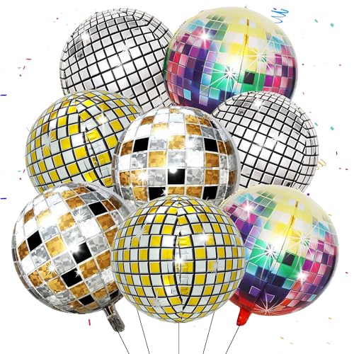 Runyuzi Disco Party Luftballons Dekoration - 8 Stück Disco-Mottoparty Deko 22 Zoll 4D luftballons Bunt Gold Silber Metallic Helium Ballons für 70er 80er 90er Jahre Retro Party Geburtstag Deko von Runyuzi