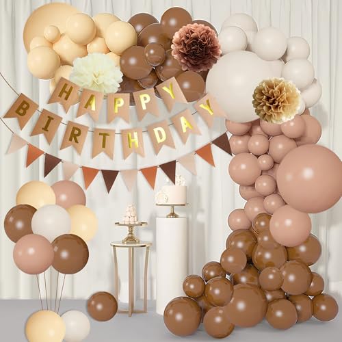 Boho Happy Birthday Deko Braun - 131 Stück Beige Kaffee Braun Geburtstagsdeko, Girlande Banner, Wimpel Latexballon, Tissue Paper Pom Poms, für Hochzeit, Verlobung, Babyparty, Baby Shower Deko Jubiläum von Runyuzi