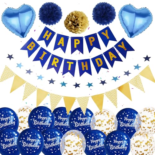 Geburtstagsdeko Luftballons Blau Gold Junge - Happy Birthday Banners mit Wimpel Sternen Girlande Pompons, Konfetti Ballons für Kindergeburtstag Junge Mädchen Männer Geburtstags Deko von Runyuzi