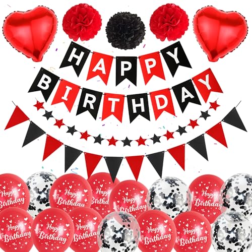 Geburtstagsdeko Luftballons Rot Schwarz Frauen - Happy Birthday Banners mit Wimpel Sternen Girlande Pompons, Konfetti Ballons für Kindergeburtstag Mädchen Junge Männer Geburtstags Deko von Runyuzi