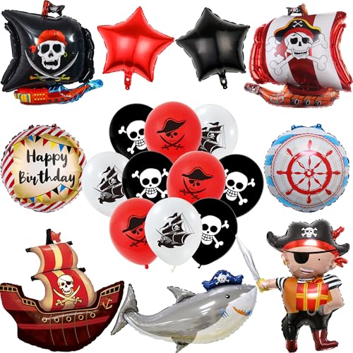 Piratenschiff Luftballons Geburtstagsthema Dekoration Kit - 21 Stück Kinder Geburtstag XXL Haifisch Skelett Muster Piraten Folienballons Helium Ballon für Jungen Mädchen Piratenparty Geburtstagsdeko von Runyuzi