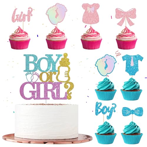 Gender Reveal Tortendeko Babyparty Deko - 9 Stück Baby Shower Dekoration, Boy or Girl Geburtstag Cake Topper, Blau Rosa Glitzer Kuchen Cupcake, für Junge Mädchen Gender Reveal, Taufe, babyshowerparty von Runyuzi