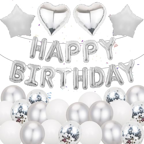 Silber Happy Birthday Geburtstagsdeko Luftballons - 37 Stücke Geburtstag Dekoration Folienballons Banner Helium Ballon Girlande für Jungen Mädchen Frauen Mann Erwachsene Kinder Party Deko von Runyuzi