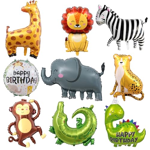 Jungle Safari Tierballons Geburtstag Deko - 9 Stücke Kinder Waldtiere Geburtstag Deko Forest Animal Löwe Leopard Elefant Giraffe Zebra Helium Balloons für Boys Girls Kinder Geburtstag Party Dekoration von Runyuzi