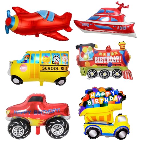 XXL Auto Form Folienballon Kinder - 6 Stück Verkehrs Geburtstagsparty Dekoration Happy Birthday Truck Ballon Zug Ballon Schulbu Folienballon Yacht Flugzeug Ballon für Junge Geburtstagsparty Dekoration von Runyuzi