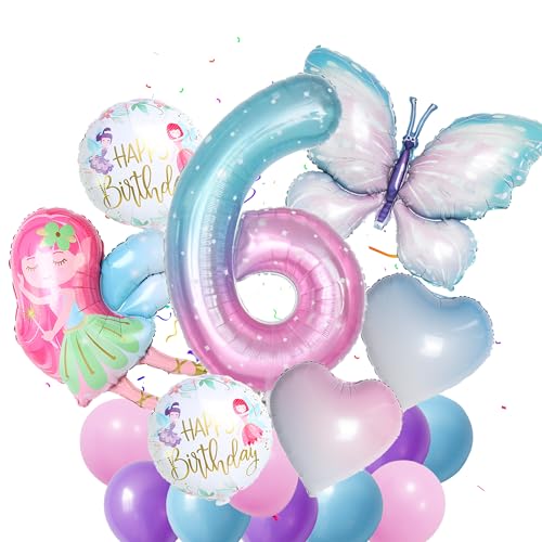 Fee Schmetterling 6. Geburtstag Deko - 13 Stück Kleine Fee Schmetterling Luftballons, XXL Schmetterling Folienballon, Rosa Blau Zahl 6 Luftballon, Süße Flügelfee Ballon für Mädchen Party 6. Geburtstag von Runyuzi