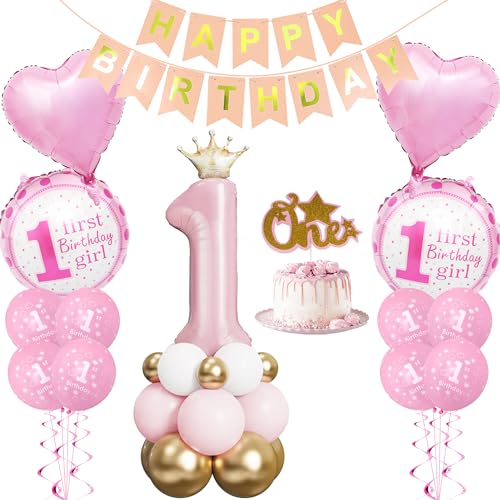 Luftballon 1. Geburtstag Mädchen Rosa - 47 Stück 1.Geburtstagsdeko, Happy Birthday Banner, Rosa Krone Zahlen 1 Ballon, Birthday Kuchen Dekoration Für Kindergeburtstag Mädchen Tochter Babyparty Deko von Runyuzi