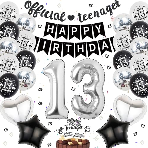 Luftballon 13. Geburtstag Dekoration Schwarz Silber - 13 Geburtstag Mädchen Junge, Official Teenager Banner, Schwarz Happy Birthday Banner, Schwarz Silber Geburtstagsdeko Tortendeko für 13 Jahre Junge von Runyuzi