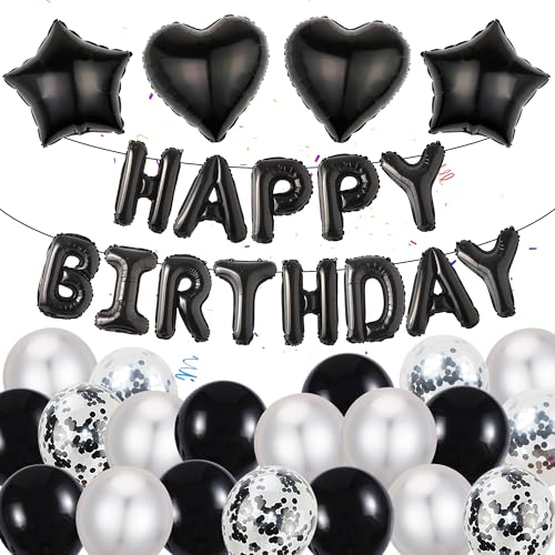 Luftballons Schwarz Silber Geburtstag Dekoration - 37 Stücke Happy Birthday Folienballons Banner Dekorationen Helium Ballon Geburtstagsparty für Männer Frauen Erwachsene Kinder Geburtstags Party Deko von Runyuzi