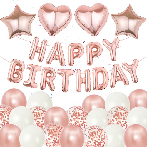 Mädchen Happy Birthday Luftballons Girlande, 37 Stücke Deko Geburtstag Rosegold für Frauen 16 Zoll Buchstaben Folienballons Banner, Geburtstagsdeko Herz Ballons für Kinder Erwachsene von Runyuzi