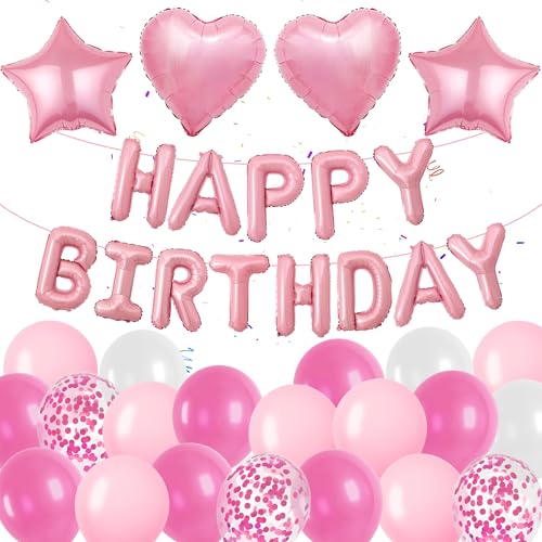 Pink Happy Birthday Luftballons Dekoration - 37 Stücke Geburtstag Folienballons Banner Dekorationen Helium Ballon Girlande Geburtstagsdeko für Jungen Männer Frauen Mann Erwachsene Kinder Party Deko von Runyuzi