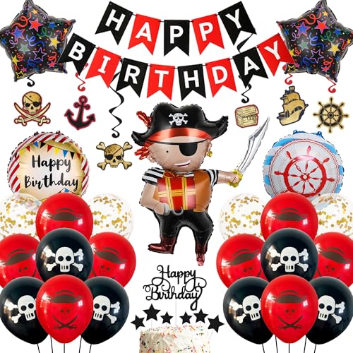 Piraten Geburtstag Luftballons Dekoration Kit - 50 Stück Kinder Geburtstagsdeko Happy Birthday Banner, Stern Rund Folienballons Piratenschiff Girlande Kuchendekoration für Jungen Mädchen von Runyuzi