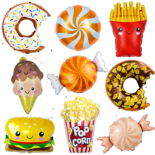 Pommes Donut Candy Folienballons Helium - 9 Stück Kinderparty Geburtstag Dekorationen Süßigkeiten Eiscreme Ballons Hamburger Luftballons für Jungen Mädchen Sommer Ice Cream Party Dekoration Geschenk von Runyuzi