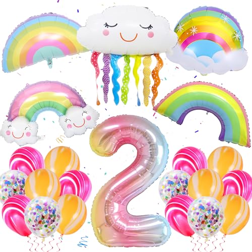 Geburtstags Deko Mädchen 2 Jahre - 22 Stück Regenbogen Deko 2 Jahre Geburtstag Ballon, Regenbogen Folienballons, Farbverlauf Ballon Nr. 2, Lächelnde Quasten Ballon, Für Mädchen 2.Geburtstag Party von Runyuzi