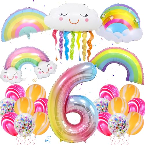 Geburtstags Deko Mädchen 6 Jahre - 22 Stück Regenbogen Deko 6 Jahre Geburtstag Ballon, Regenbogen Folienballons, Farbverlauf Ballon Nr. 6, Lächelnde Quasten Ballon, Für Mädchen 6.Geburtstag Party von Runyuzi