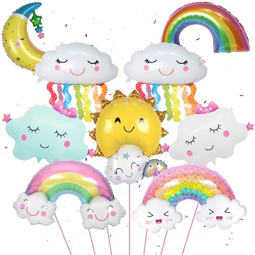 9 Stück Regenbogen Wolken Ballons - Regenbogen Geburtstag Deko Lächelnde Wolken Folienballon Quasten Wolken Folienballons Regenbogenbrücke Ballons für Mädchen Jungen Regenbogen Geburtstag Party Deko von Runyuzi