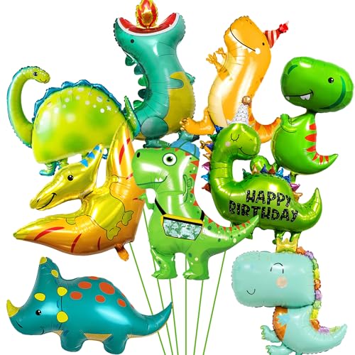 Riesen Dinosaurier Geburtstag Folienballon Deko - 9 Stück Dino Geburtstagsdeko 3D Dinosaurier Luftballon Grün Tyrannosaurus Rex gelber Hut-Dino Kronen-Dino für Dino Kindergeburtstag Party Dekoration von Runyuzi