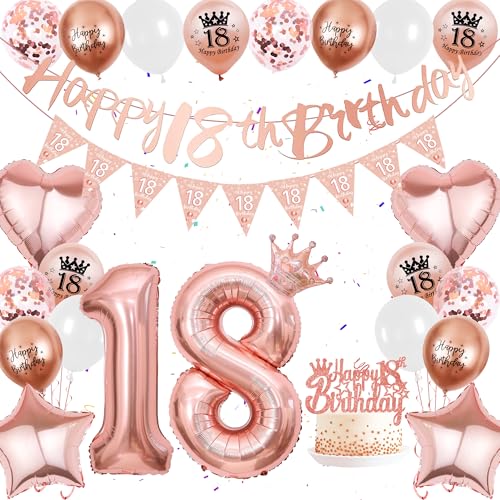 Rosegold 18.Geburtstag Deko Mädchen - 34 Stück Rosegold Party Deko, Happy Birthday Banner, Dreieckige Flagge Zahlen Ballon Liebesstern Ballon Roségold Kronen Kuchen Deko 18 Jährige Frau Geburtstags von Runyuzi