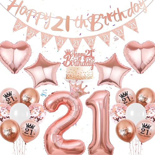 Rosegold 21. Geburtstag Deko Frauen - 34 Stück Roségold Party Deko, Happy Birthday Banner, Dreieckige Flagge Zahlenballon Kronen Liebesstern Ballon Kuchen Deko für 21-jährige Frauen Geburtstag Party von Runyuzi