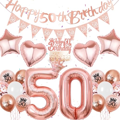 Rosegold 50. Geburtstag Deko Frauen - 34 Stück Roségold Party Deko, Happy Birthday Banner, Dreieckige Flagge Zahlenballon Kronen Liebesstern Ballon Kuchen Deko für 50-jährige Frauen Geburtstag Party von Runyuzi