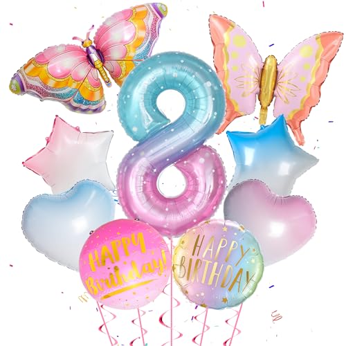 Schmetterlinge Deko 8. Geburtstag - 9 Stück Geburtstagsdeko 8 Jahre Farbverlauf Zahlen 8 Ballon Bunte Schmetterling Luftballon Rund Stern Herz Folie Ballon für Geburtstag Deko 8 Jahre Kinder Mädchen von Runyuzi